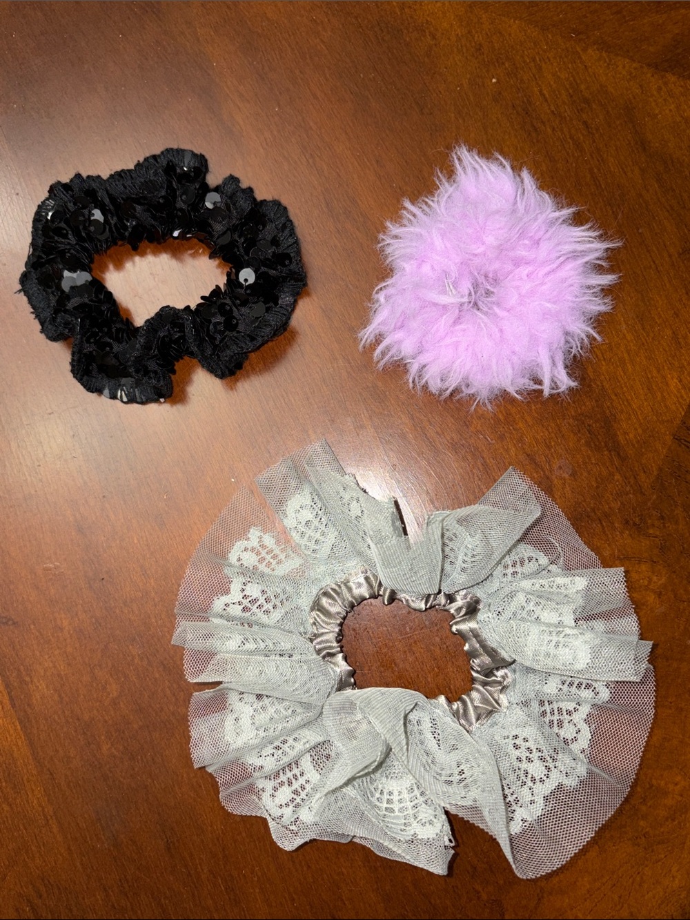 Kids 3-Pack Hair Scrunchie Set - Black Sequin, Pink Fluffy, Gray Lace